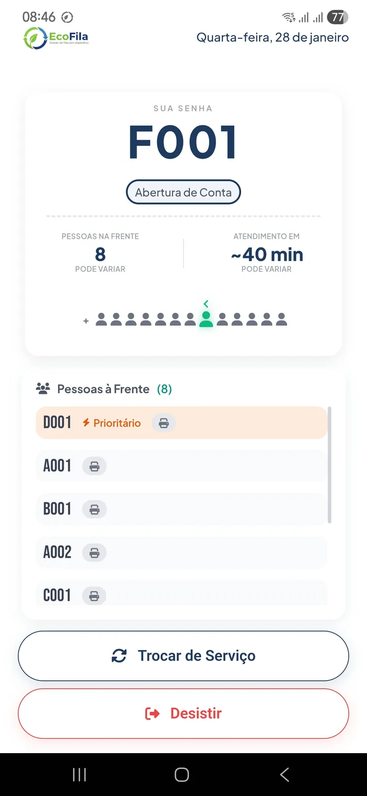 Senha virtual EcoFila no telemóvel: senha F001, 8 pessoas na frente e cerca de 40 minutos de espera estimada