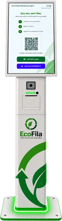 Quiosque EcoFila com ecrã tátil para escolher o serviço e tirar a senha.